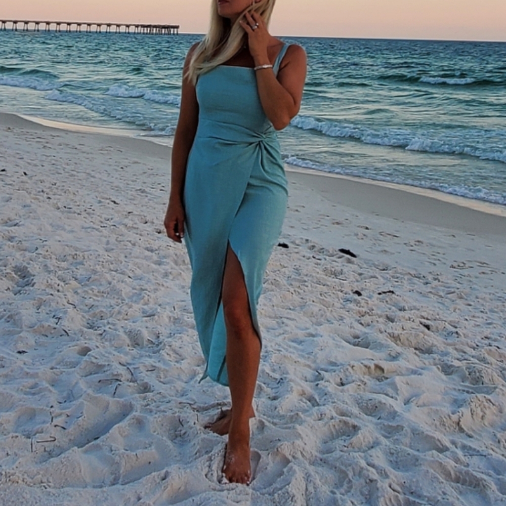 ASOS DESIGN  TEAL LEG SPLIT SEXY BOWS THIN STRAPS MIDI DRESS SZ.8